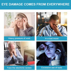 A collage shows four people straining their eyes amid captions like "Heavy pressure of work." Text above reads: Protect your eyes—Lutein Capsules with Zeaxanthin help maintain healthy vision and support retina health.