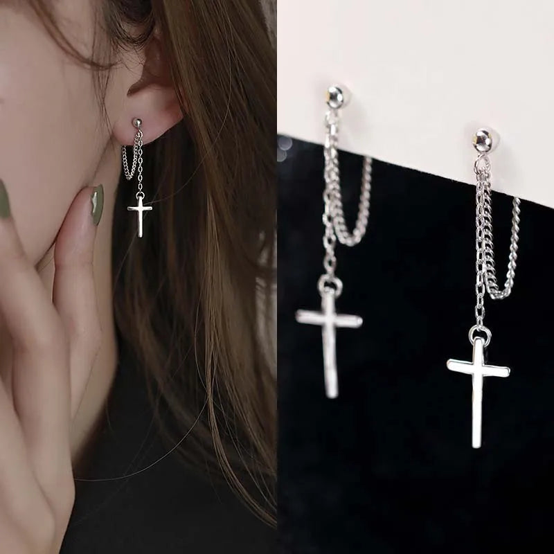 Silver Cross Dangle Drop Earrings