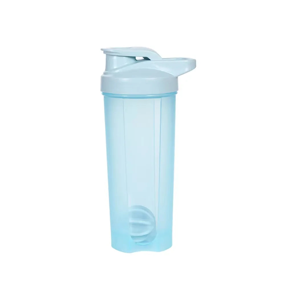 A translucent blue 3 Layers Shaker Protein Bottle from FEB.WIND, featuring a matching flip-top lid and internal mixing ball, designed for body building and exercise. Inspired by Mainland China style, shown on a plain white background.