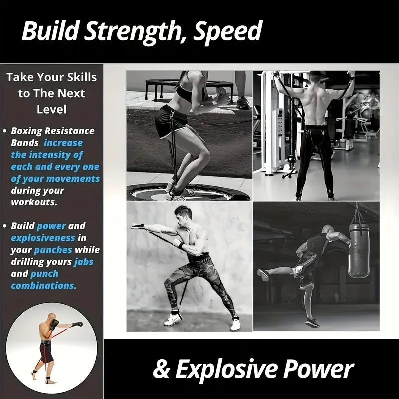 A collage features athletes using the 12-Piece Heavy Duty Resistance Boxing Training Set for full-body strength, speed, and explosive power—ideal for MMA, home boxing, and Taekwondo with targeted drills and intense fitness exercises.