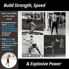 A collage features athletes using the 12-Piece Heavy Duty Resistance Boxing Training Set for full-body strength, speed, and explosive power—ideal for MMA, home boxing, and Taekwondo with targeted drills and intense fitness exercises.