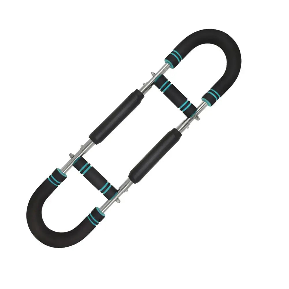 A Twister Arm Exerciser—black push-up bar with padded handles and turquoise stripes—adjustable to 20kg/30kg/40kg/50kg, designed for strength training and bodyweight exercises, shown on a white background.