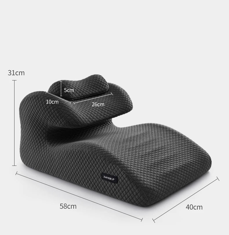 The New Butt Cushion Multifunctional Prone Position Lie Pillow features a unique curved design for lumbar and head support, doubling as a pillow or cushion. Dimensions: 58x40x31cm, plus neck/head sections of 26cm, 10cm, and 5cm.