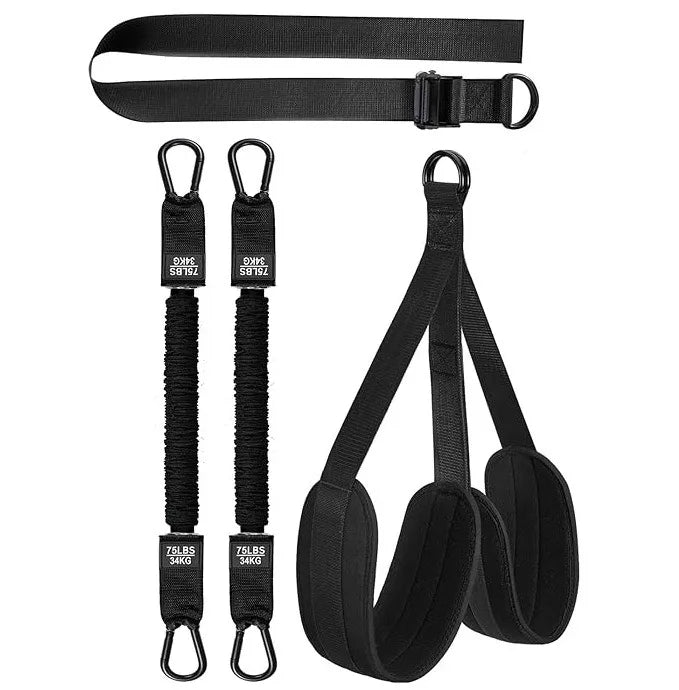 The Pull Up Assistance Bands Set includes two padded cuffs, two elastic connectors, and an adjustable belt with metal clips and D-rings for secure support during pull-ups, chin-ups, body stretching, or strength training exercises.
