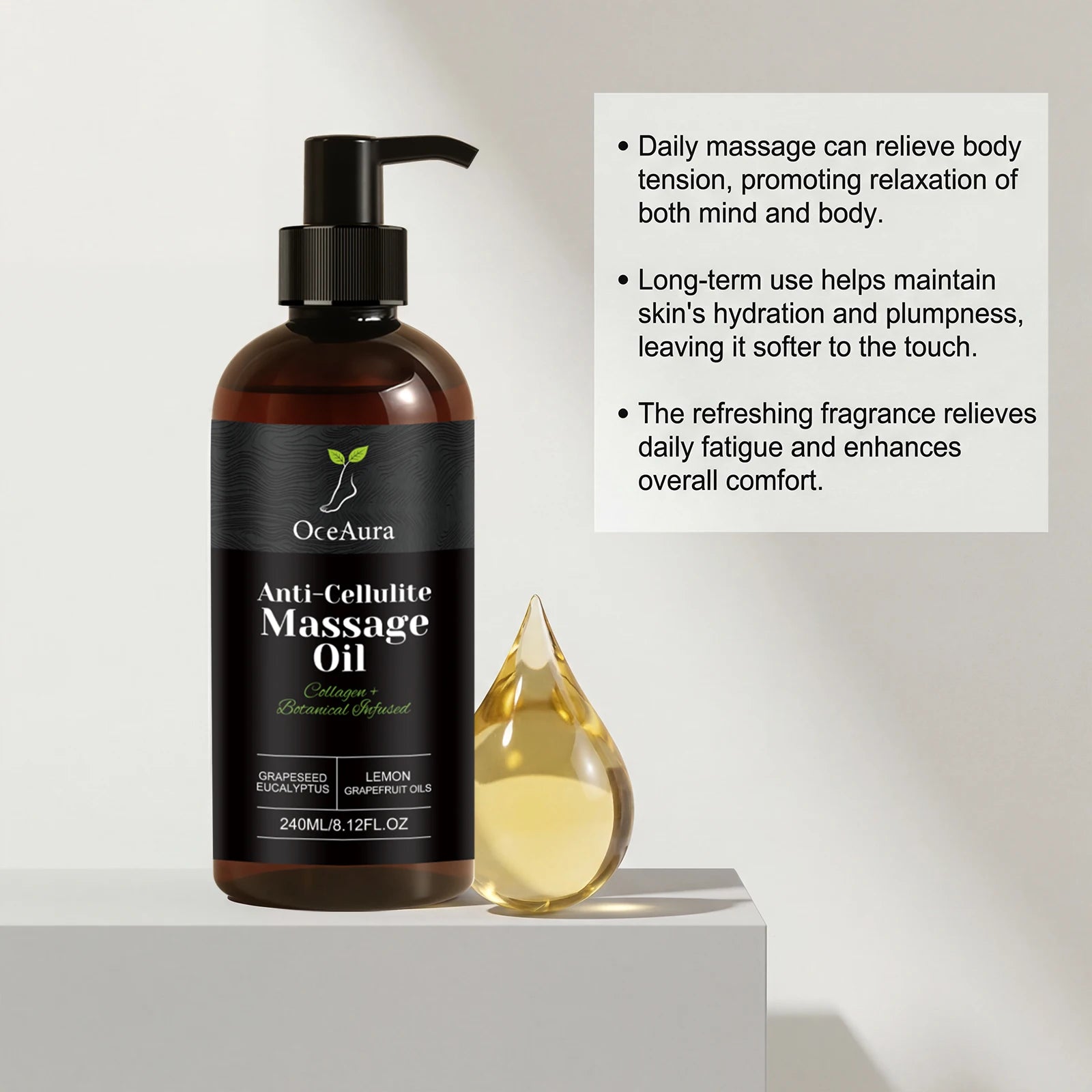 A bottle of Collagen Firming Massage Oil for daily use with a pump sits beside an oil drop. Beside it, a list highlights benefits like firming thighs, nourishing dry skin, and leaving skin glowing, soothed, smooth, and tightened.