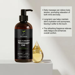 A bottle of Collagen Firming Massage Oil for daily use with a pump sits beside an oil drop. Beside it, a list highlights benefits like firming thighs, nourishing dry skin, and leaving skin glowing, soothed, smooth, and tightened.