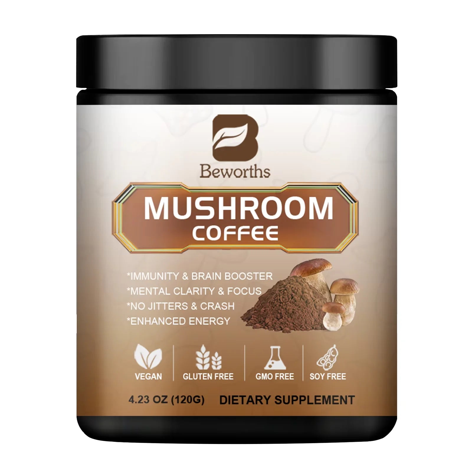 A 70/120/250g container of BWEORTHS Mushroom Coffee, blended with Reishi and Lion's Mane, supports immunity, focus, and memory. It’s vegan, gluten free, soy free, and NO-GMO—crafted for health with premium mushroom ingredients.