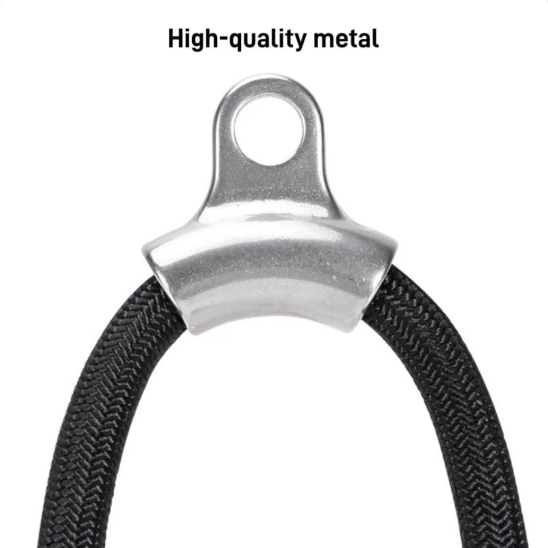 Close-up of the Tricep Rope with Ergonomic Handles, showing a high-quality metal connector attached to two black braided cords, perfect for strength training. "High-quality metal" is displayed above on a white background.
