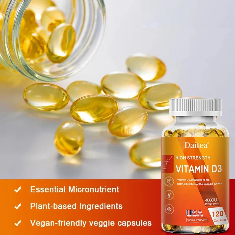 A bottle of Vitamin D3 Capsules 4000IU supports immune function, bone health, calcium absorption, muscle health, and the nervous system. Scattered golden capsules emphasize its essential micronutrients and plant-based vegan capsules.
