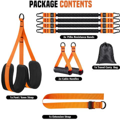 Image displaying the Pull Up Assistance Bands Set: four 75 lb resistance bands, two cable handles, a pull rope, a waist/foot/knee strap, and a black travel bag—all labeled on a white background for strength training.