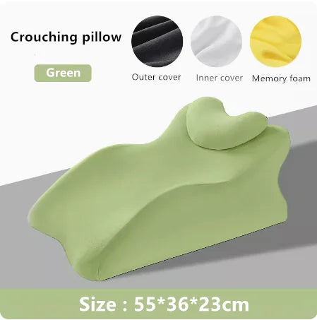 The Lie On The Bed Sleeping Pillow features ergonomic curves, a headrest, and layers of memory foam with labeled outer and inner covers. Made from 100% polyester, it measures 55×36×23 cm and is shown on a gray background.