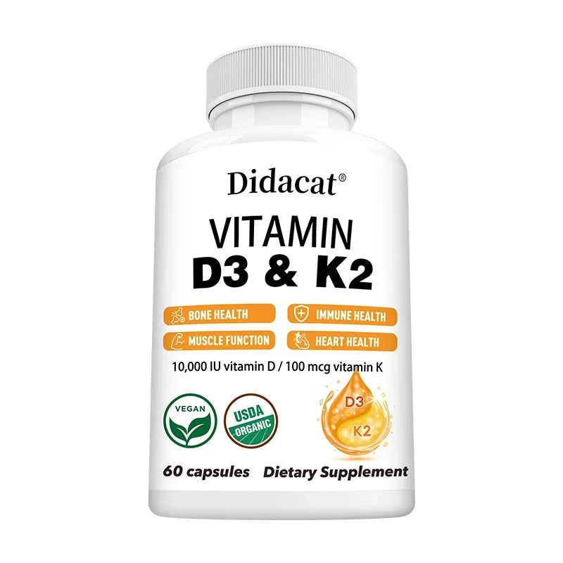 A white bottle labeled Vitamin D3+K2 Supplement 10000IU contains 60 vegan, USDA organic capsules for bone, heart, muscle, and immune support. Non-GMO and unisex dietary supplement.