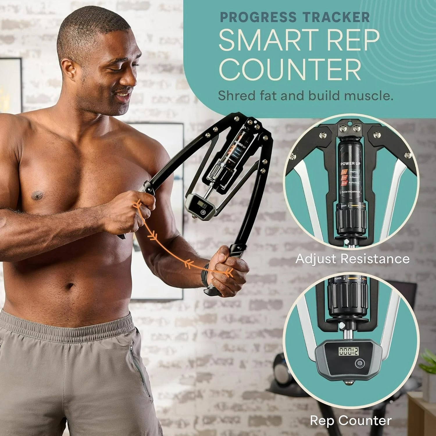 A smiling man uses the Hydraulic Power Chest Expander and Arm Twister Trainer Exerciser—adjustable 22–440lb resistance with smart rep counter—in a bright room. Text: Smart Rep Counter—Shred fat and build muscle in your arms.