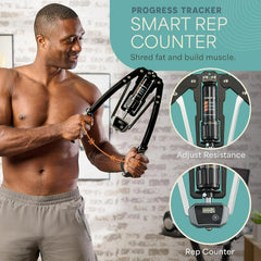 A man trains in a modern living room using the Hydraulic Power Chest Expander and Arm Twister Trainer Exerciser, featuring adjustable 22-440lb resistance, a smart rep counter, and Shred fat and build muscle—perfect for strong arms.