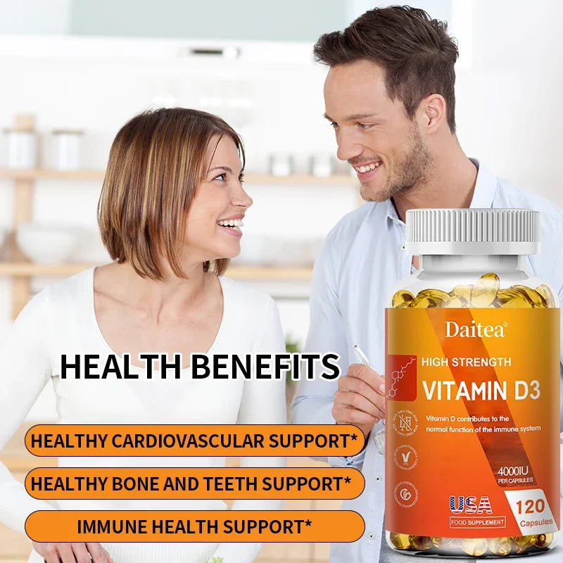 A smiling man and woman talk in a bright room, with a bottle of Vitamin D3 Capsules 4000IU in front. Text highlights immune and bone support, calcium absorption, as well as benefits for muscle health and the nervous system.