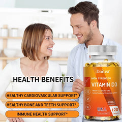 A smiling man and woman talk in a bright room, with a bottle of Vitamin D3 Capsules 4000IU in front. Text highlights immune and bone support, calcium absorption, as well as benefits for muscle health and the nervous system.