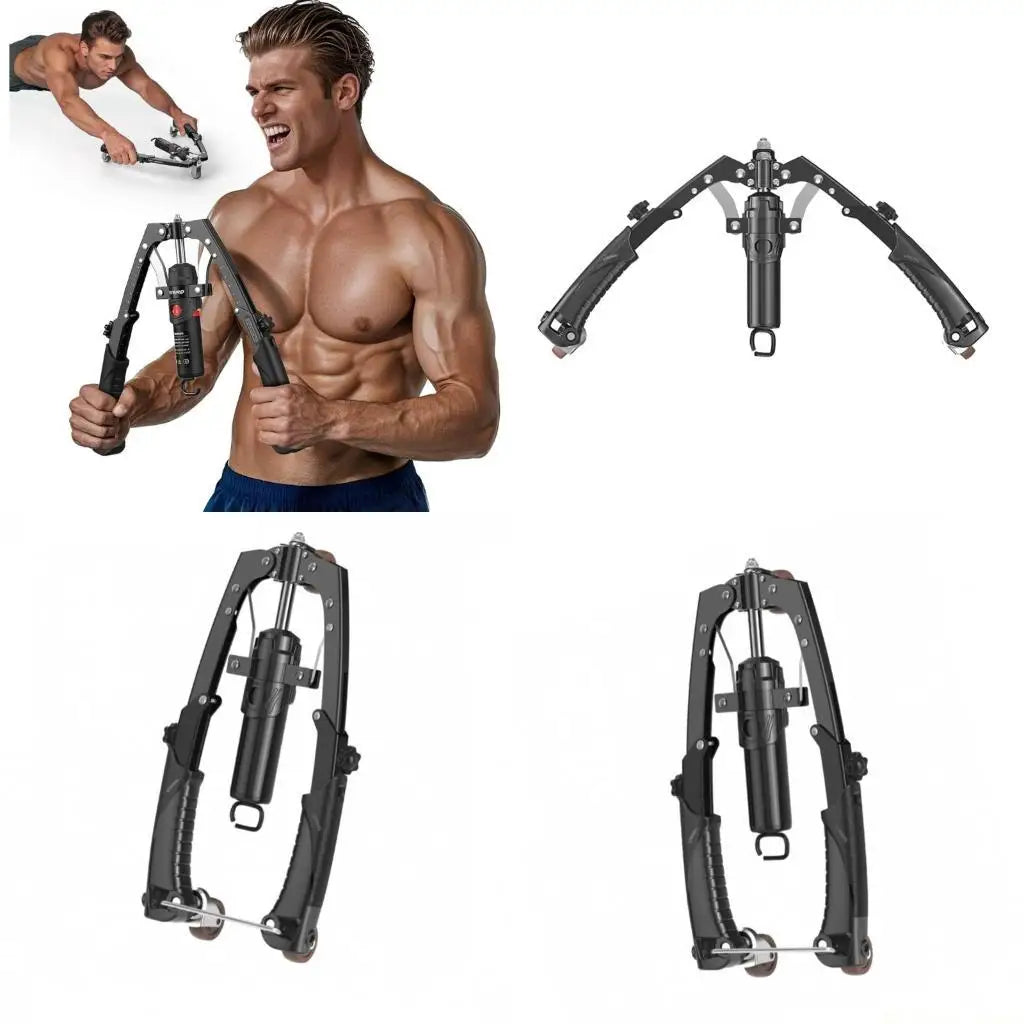 A muscular man trains with the 31BE Adjustable Hydraulic Power Chest Press Machine Arm Trainer with Counter Enduring; three close-ups display its handles, springs, and adjustable resistance mechanism.