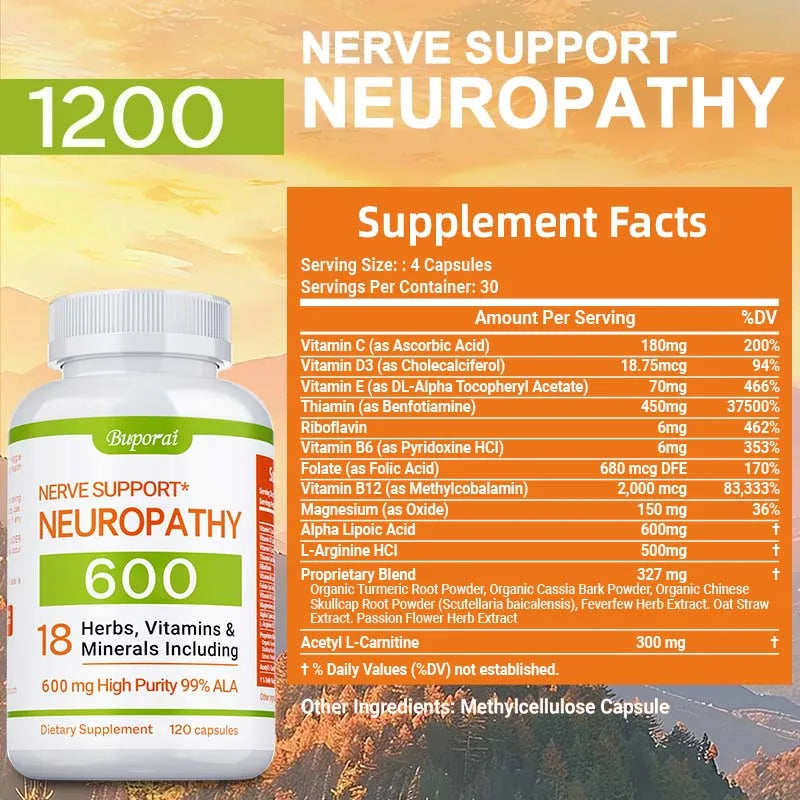 A label for Neuropathy Support Supplement 600mg shows dosage info, ingredients, supplement facts, and vitamin percentages on an orange sunset background; it supports the nervous system, relieves stress, promotes brain function, and boosts energy.