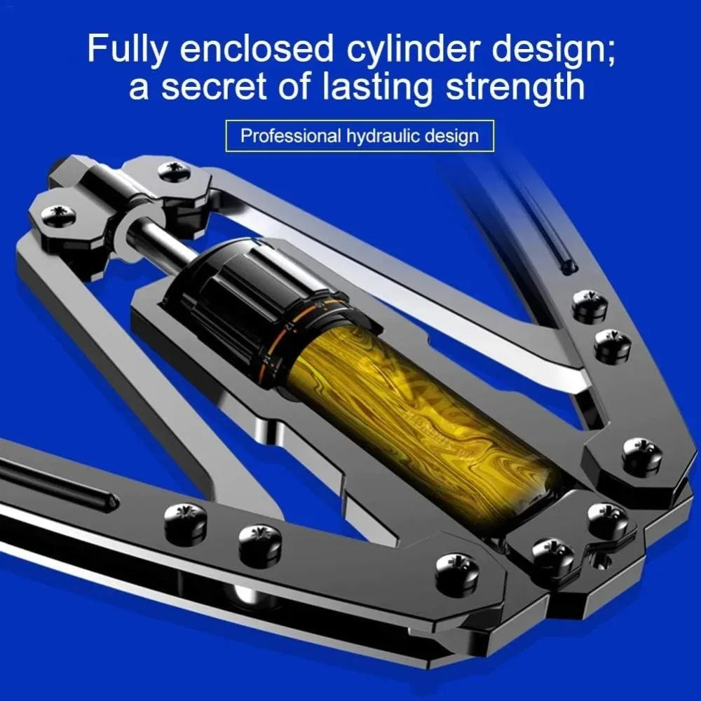 Close-up of the US-made Red Adjustable 22-440lbs Twister Arm Exerciser, featuring a fully enclosed hydraulic cylinder with visible yellow fluid. Text above: Fully enclosed cylinder design—a secret of lasting strength.