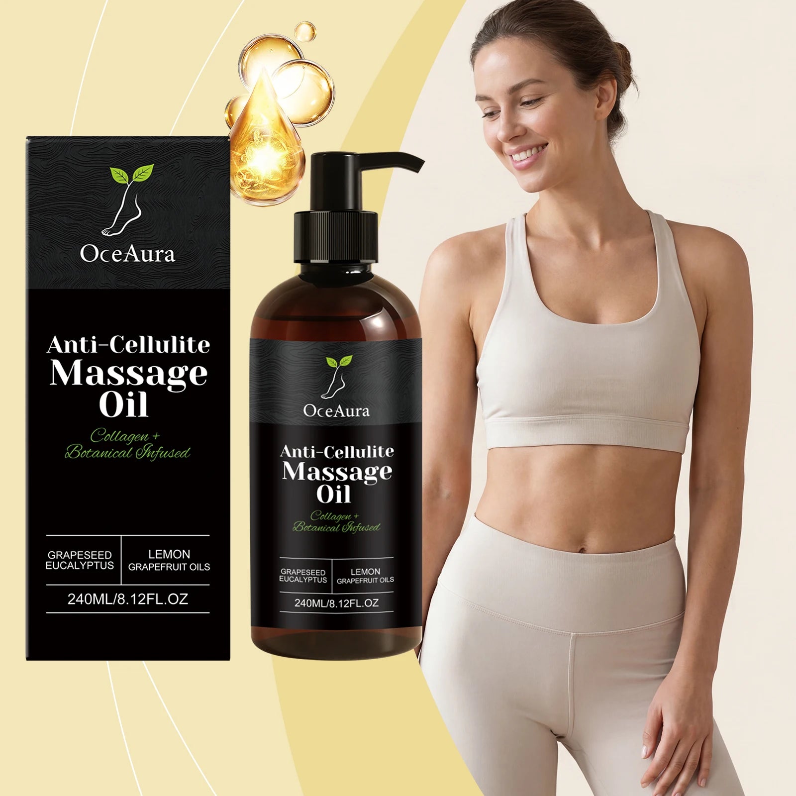 A smiling woman in beige activewear stands beside a box and bottle of Anti-Cellulite Massage Oil Firming Lifting Arm Belly Thigh, featuring plant ingredients like grapeseed, eucalyptus, lemon, and grapefruit. An oil drop graphic appears above the bottle.