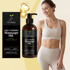 A smiling woman in beige activewear stands beside a box and bottle of Anti-Cellulite Massage Oil Firming Lifting Arm Belly Thigh, featuring plant ingredients like grapeseed, eucalyptus, lemon, and grapefruit. An oil drop graphic appears above the bottle.