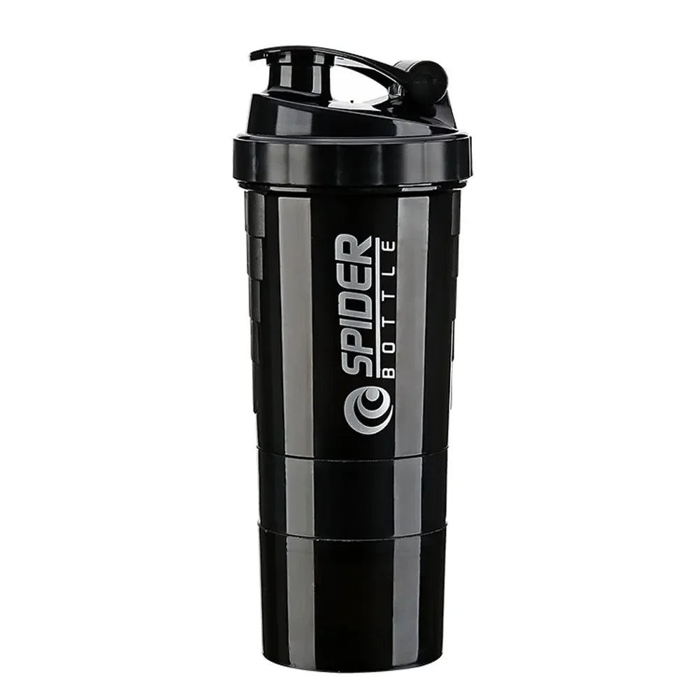 A black 3 Layers Shaker Protein Bottle with a flip-top lid, vertical grooves, and the YUP1 logo in white. Features a compartmentalized screw-on design for body building, inspired by innovation from Mainland China.
