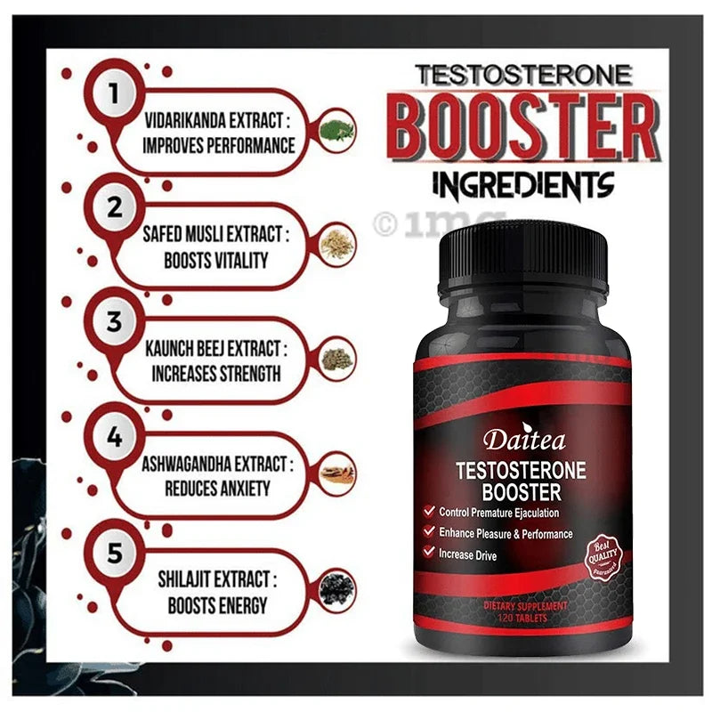 A bottle labeled Muscle Builder Capsules - Muscle Mass Increase is shown beside a list of five herbal ingredients, including Ashwagandha Extract, with claims of improved performance, increased muscle mass, boosted strength, and enhanced vitality.