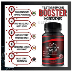 A bottle labeled Muscle Builder Capsules - Muscle Mass Increase is shown beside a list of five herbal ingredients, including Ashwagandha Extract, with claims of improved performance, increased muscle mass, boosted strength, and enhanced vitality.