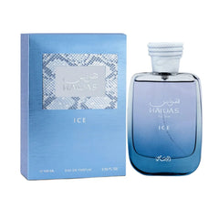A blue box with a textured pattern and matching blue bottle with a silver cap, labeled RASASI Hawas Men's Ice Eau De Parfum 100ml (3.4oz) in English and Arabic—fragrance for men.