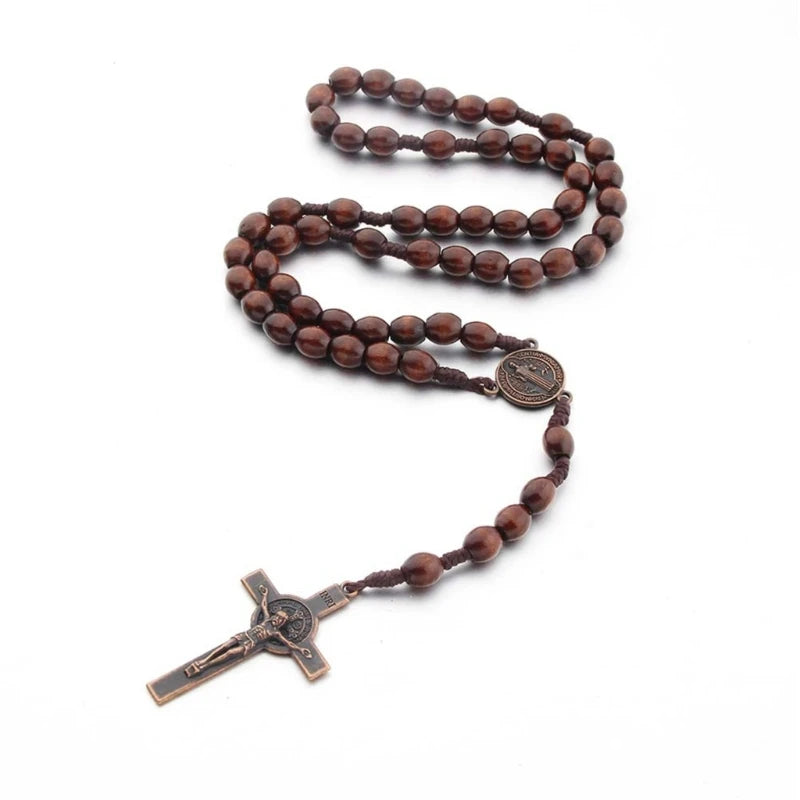 Wooden Rosary Cross Prayer Necklace