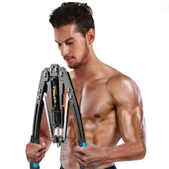 A muscular man with short hair uses the Adjustable Hydraulic Arm Strength Trainer Grip Strength Trainer, gripping the handles and flexing his arms for muscle strength training. The background is plain white.