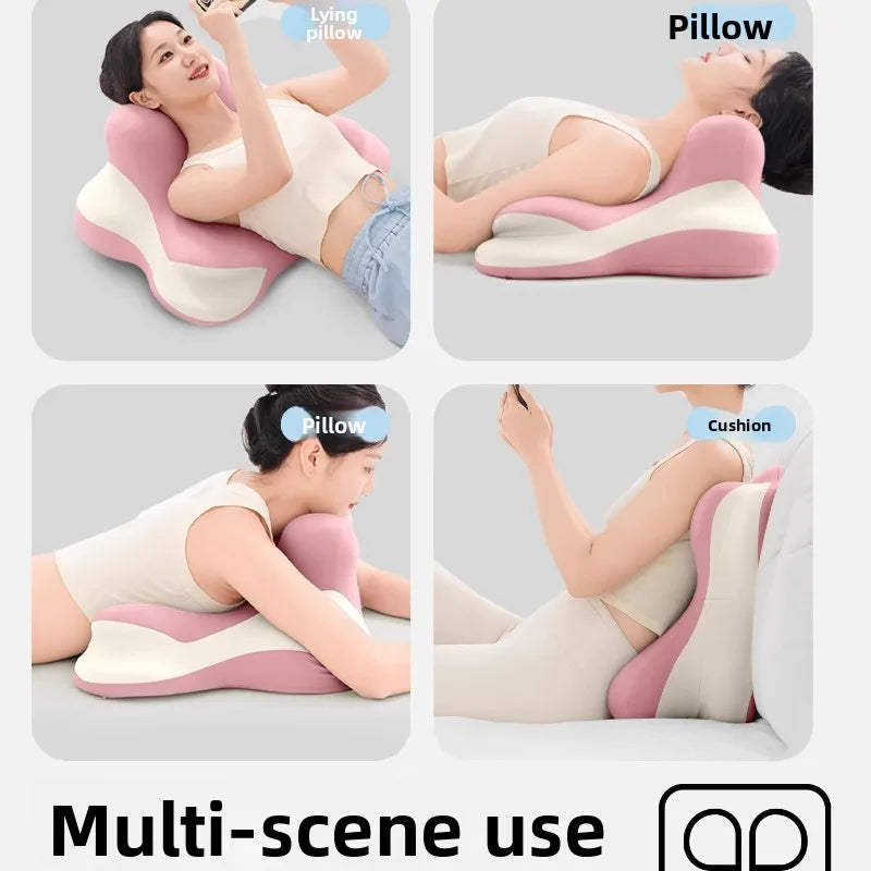 A woman demonstrates the Bed Lie Down Pillow Multifunctional Prone Position Leg and Backrest Pillow in four ways: lying on her back, resting her head, hugging it while lying, and using it as a backrest. Text: "Multi-scene use.