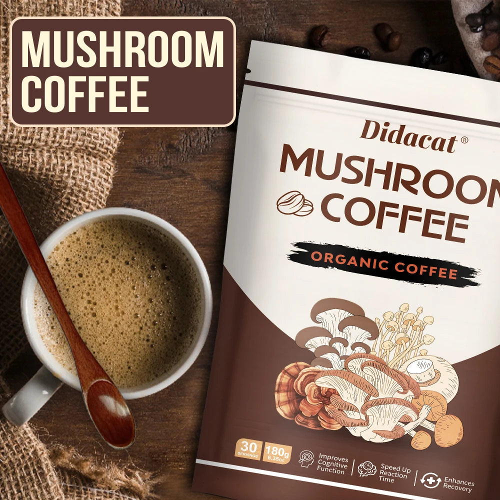 A top view of a cup of coffee with a wooden spoon and a Mushroom Coffee - Organic Coffee, Lion's Mane, Chaga, Cordyceps, Reishi, Shiitake packet featuring mushroom illustrations and benefit icons highlights its unisex functional mushroom powder blend.