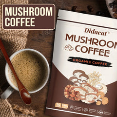 A top view of a cup of coffee with a wooden spoon and a Mushroom Coffee - Organic Coffee, Lion's Mane, Chaga, Cordyceps, Reishi, Shiitake packet featuring mushroom illustrations and benefit icons highlights its unisex functional mushroom powder blend.