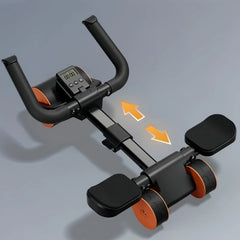 The Adjustable Abs Training Roller is a compact black and orange abdominal fitness wheel with handles, footrests, digital display, and sliding motion—ideal for waist & abdomen exercises during home workouts on smooth surfaces.