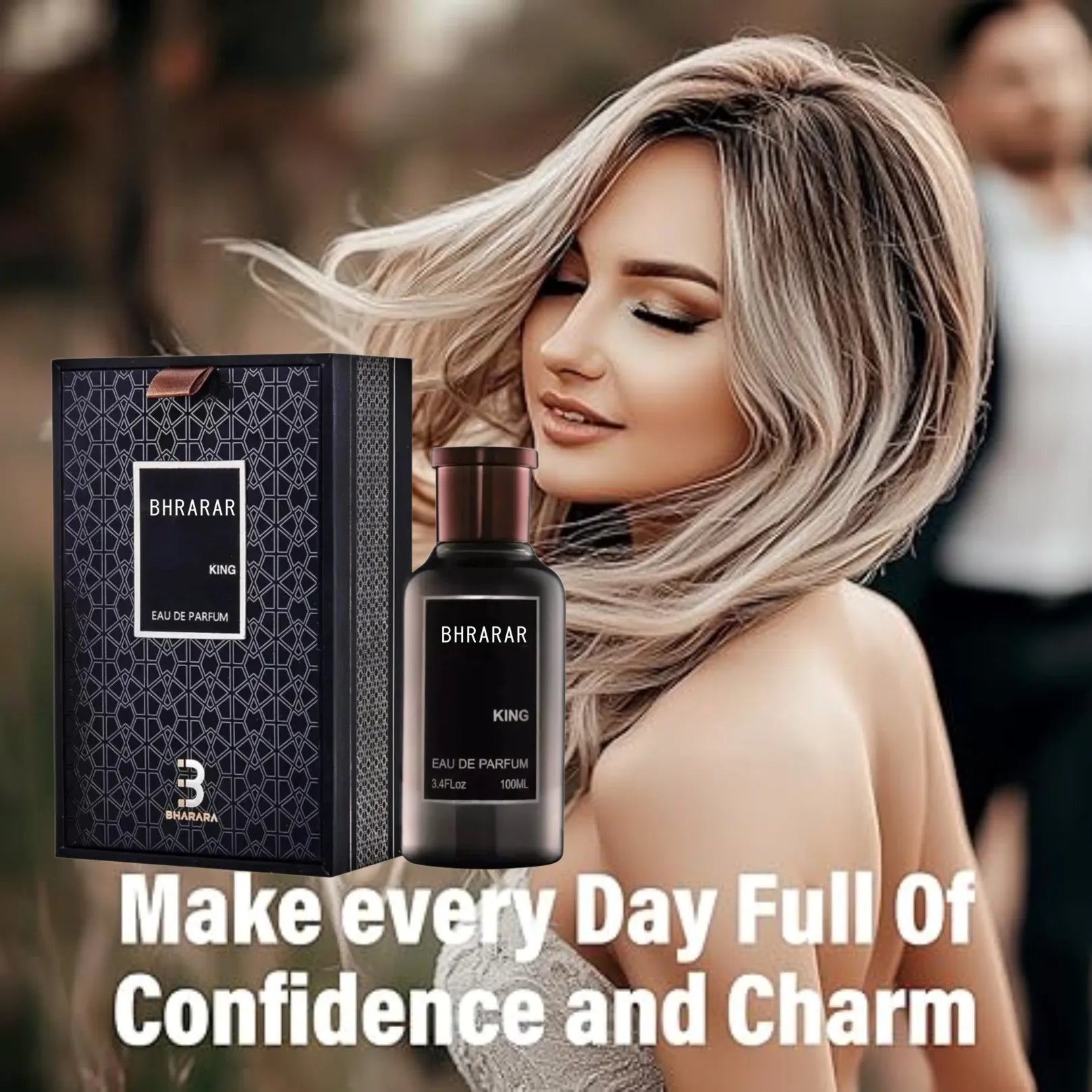 A smiling woman with long blonde hair poses outdoors next to a Bharara King Men's Eau de Parfum 3.4oz, featuring a lasting citrus and musk scent. The text says, “Make every day full of confidence and charm.”.