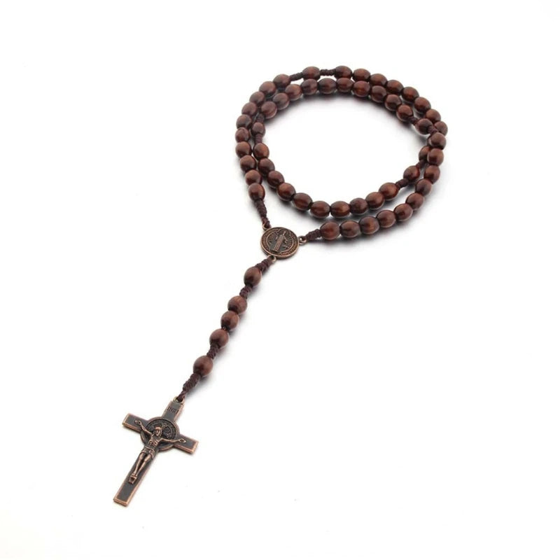 Wooden Rosary Cross Prayer Necklace