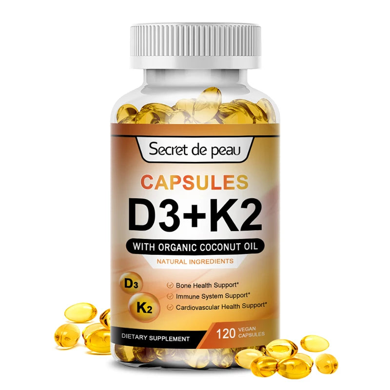 A bottle of Vegetarian Vitamin D3K2 Capsules, a vitamin D & K supplement with 120 capsules, supports immune system, heart health, strong bones, and helps sleep and relaxation. A few capsules are scattered near the bottle.