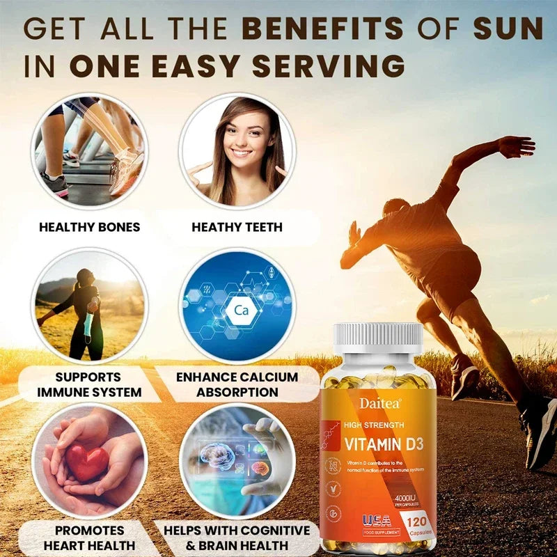 Infographic of a Vitamin D3 Capsules 4000IU bottle, highlighting benefits: supports immune and bone health, promotes calcium absorption, muscle health, and nervous system function.