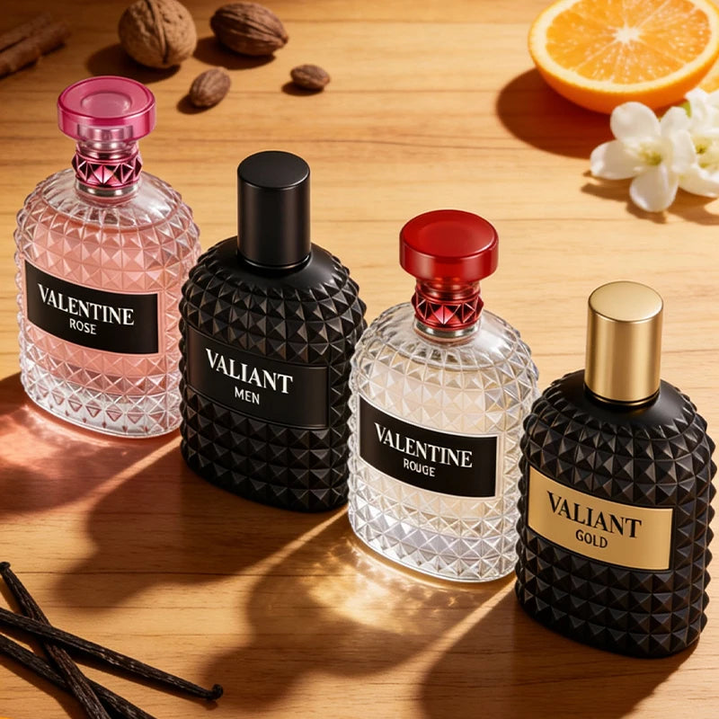 A 3.4 Fl Oz Eau De Parfum for men and women with notes of mandarin orange, orange blossom, and bergamot is displayed—an ideal Christmas gift for those who appreciate elegant fragrance and stylish presentation.