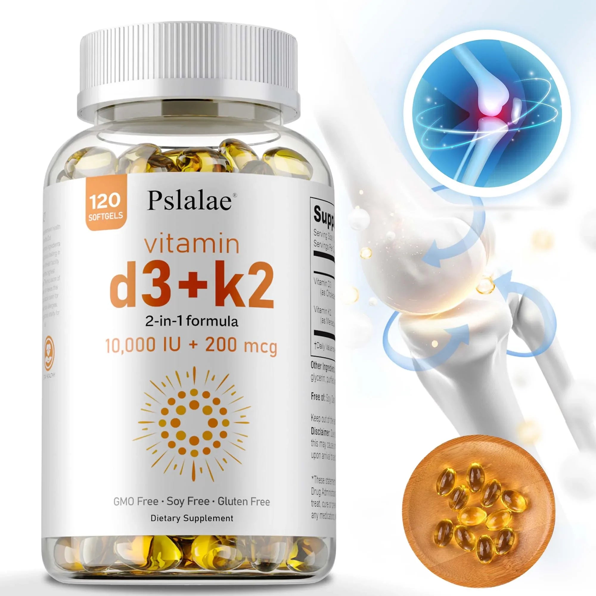 A bottle of Vitamin D3 with K2 – Supports Heart Health, Improves Bone Health, Promotes Sleep, Boosts Immunity, and Improves Overall Health is shown alongside softgels, a knee joint model, and vitamin graphic for unisex use.