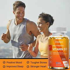 A smiling man and woman jog in sunlight with a bottle of Vitamin D3 Capsules 4000IU in the foreground. Text highlights benefits: immune and bone support, calcium absorption, muscle health, and nervous system support.
