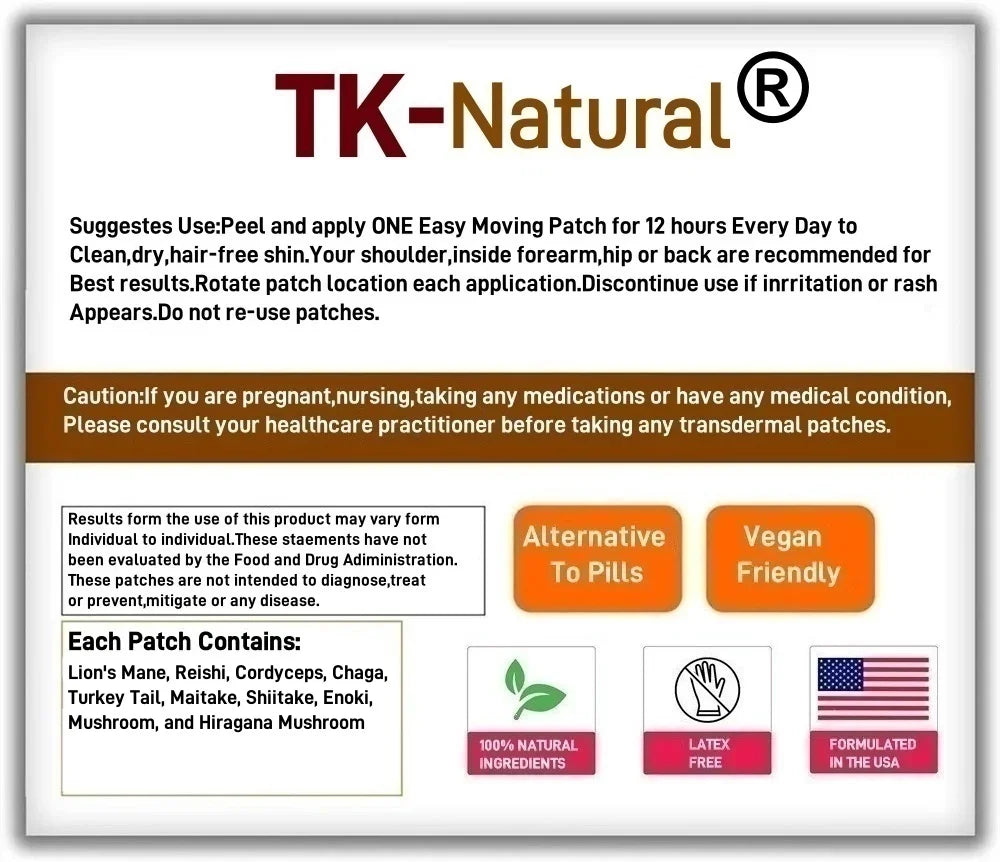 30 Patches Mushroom Complex Transdermal Patches with Lion's Mane, Reishi, Turkey Tail, Cordyceps, for Focus, Brian, Memory