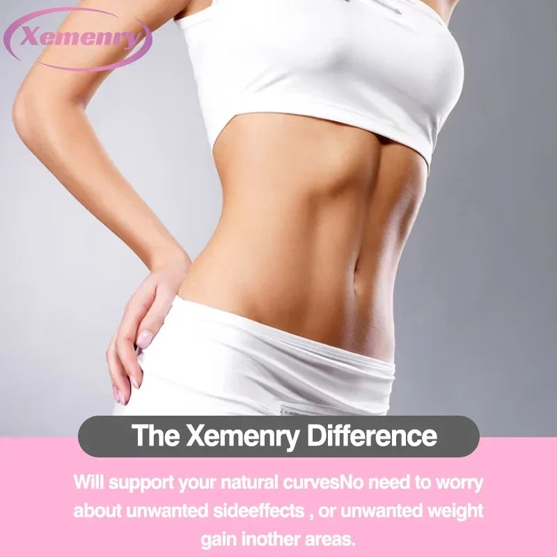 A woman in a white sports bra and shorts shows off a toned midsection. Text highlights PUERARIA MIRIFICA - Breast Supplement for bigger, rounder, firmer breasts—supports natural curves without side effects or unwanted weight gain.