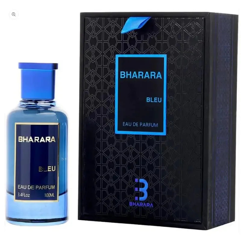 A blue bottle of Bharara Men’s 3.4 Ounce Eau de Parfum, perfect as a holiday gift, stands beside its black and blue patterned box, both featuring the brand name in gold and blue accents.