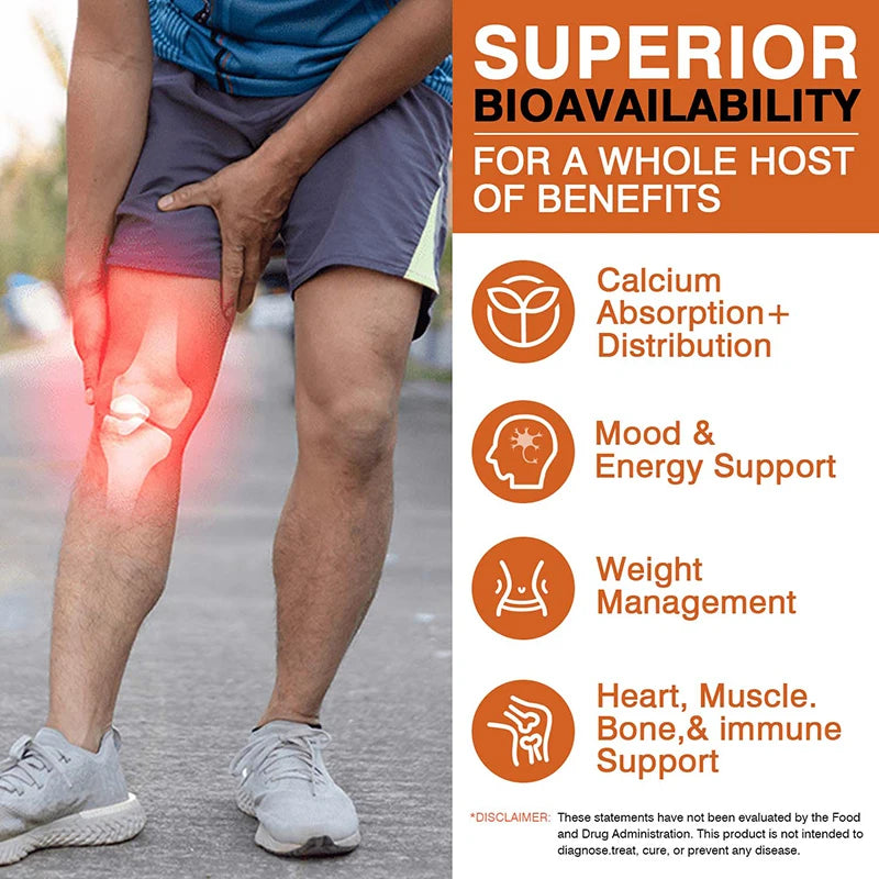 A person holds their knee in discomfort with a red highlight. Text highlights Vitamin D3 10000 IU with K2 200 mcg's benefits: 2-in-1 support for immune, heart, joint, teeth & bone health. Suitable for both men and women.