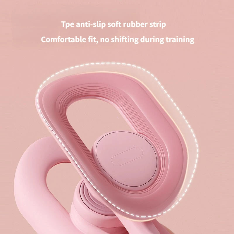 Close-up of a pink Non-Slip Comfortable Pelvic Floor Muscle Trainer Thigh Exerciser, featuring TPE anti-slip soft rubber strip for secure, comfortable fit with no shifting during postpartum recovery or leg & butt training.