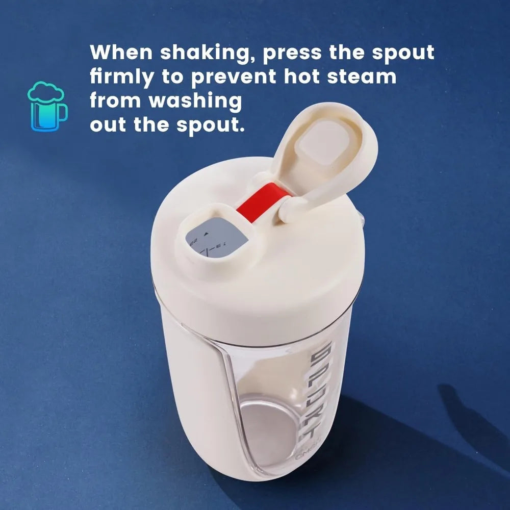 A white Premium Protein Powder Shaker (590 ml/20 oz), BPA-free Tritan with leak-proof open spout, sits on a blue surface. Text above cautions: Press the spout firmly when shaking to prevent hot steam from escaping. Contains plastic ball. No brand; sourced from China.