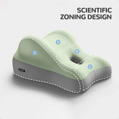 The Multi-Functional Ergonomic Bed Pillow features labeled zones A–D, supportive memory foam, ergonomic curves, and a cut-out. Its pale green and gray design has "Scientific Zoning Design" in the top right corner. Perfect as a waist or tummy cushion.
