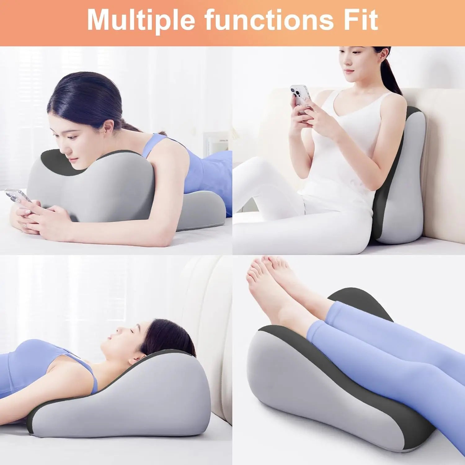 A woman shows four uses for the Intimacy Support Wedge Pillow for Couples: lying on her stomach, sitting upright, lying on her back, and elevating legs. Text reads: Multiple Functions Fit. Made with care in Mainland China.